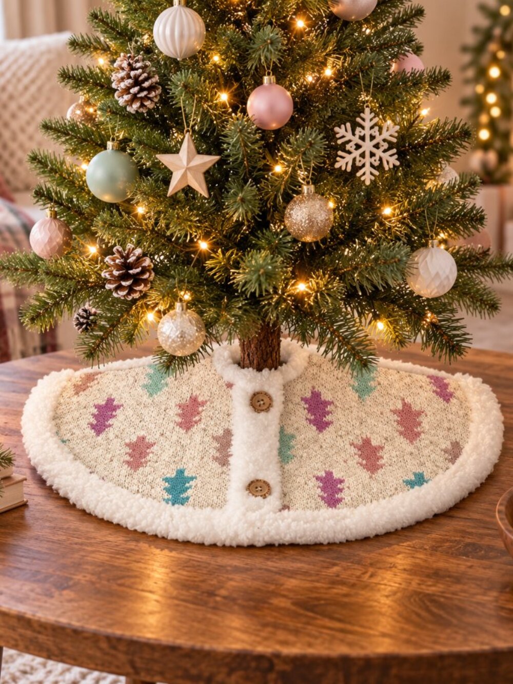 Nicole Miller Christmas Tabletop Mini Tree Skirt Shearling Knitted 22” Round